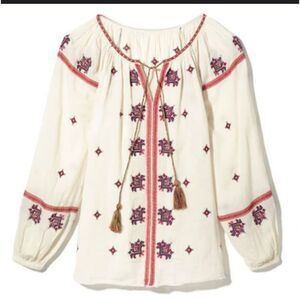True Religion Ivory Red Boho Embroidered Long Sleeve Blouse Tie Front Flowy smal